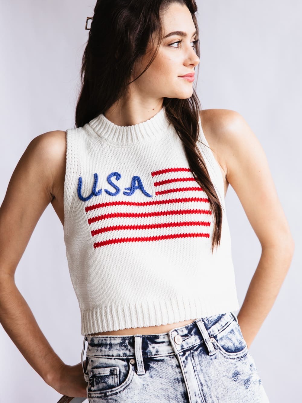 Le Lis USA Flag White Sleeveless Knit Crop Top, XS, NWOT
